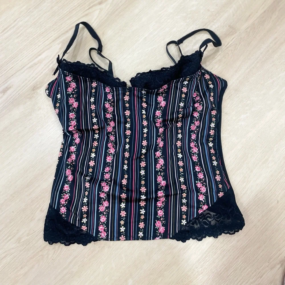 Sophie B. Y2K black with pink floral print and mixed lace corset top size Large - Picture 2 of 8